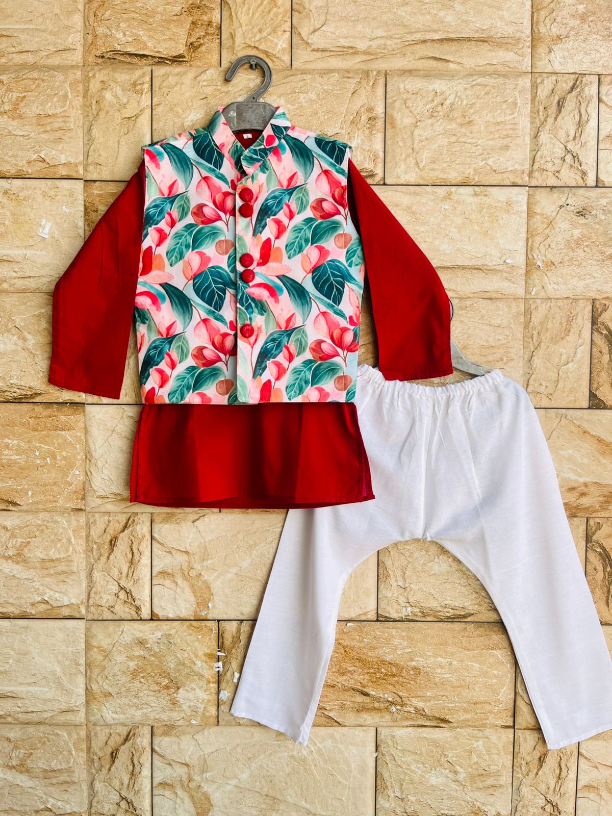 Red Flower Jacket Kurta Pajama Set