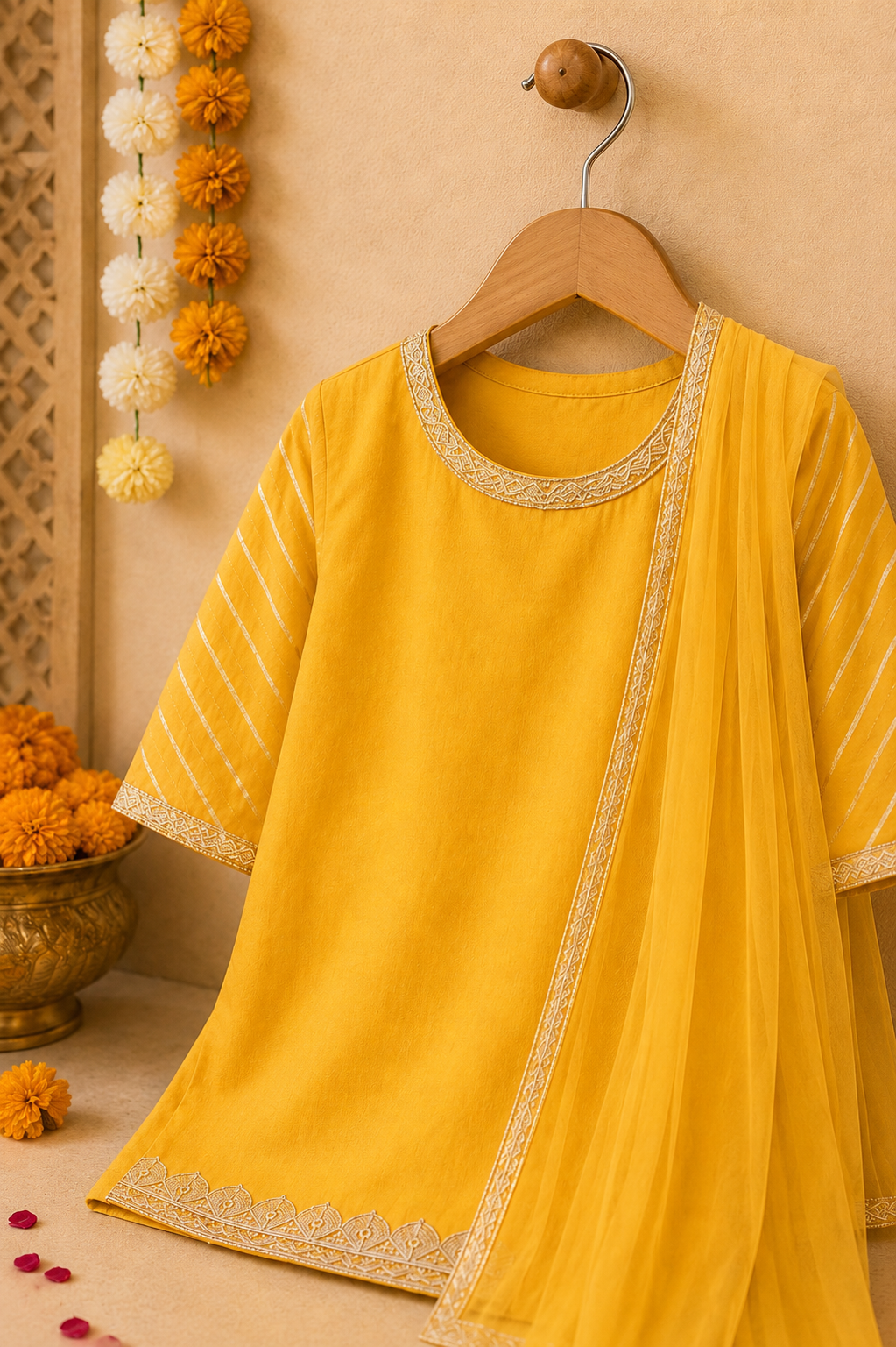 Yellow Leheriya Palazzo Suit Set for Girls