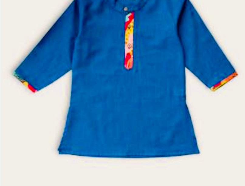 Blue Kurta Pajama with Multicoloured Jacket