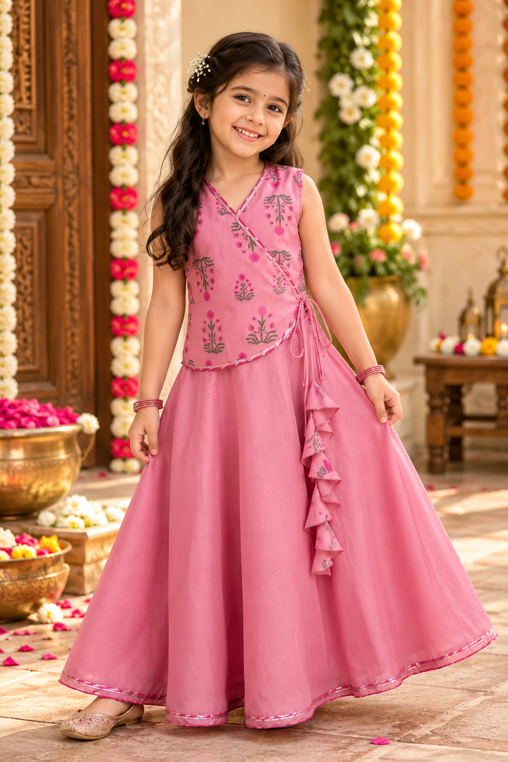 Pink Blossom Angrakha Lehenga Set for Girls