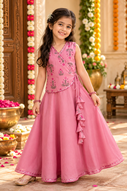 Pink Blossom Angrakha Lehenga Set for Girls