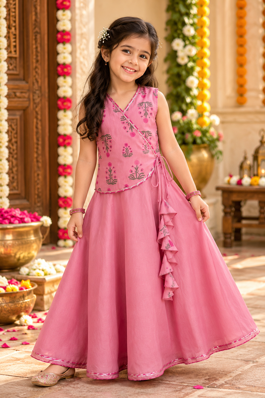 Pink Blossom Angrakha Lehenga Set for Girls