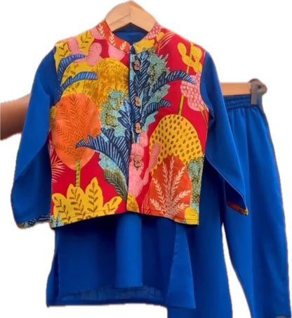 Blue Kurta Pajama with Multicoloured Jacket