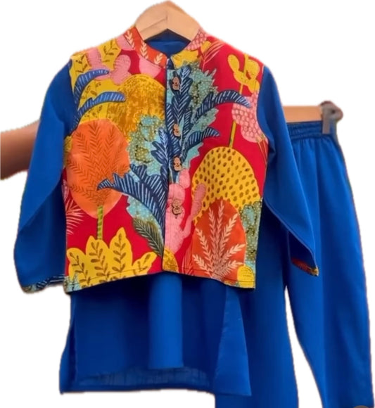 Blue Kurta Pajama with Multicoloured Jacket