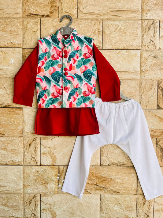 Red Flower Jacket Kurta Pajama Set