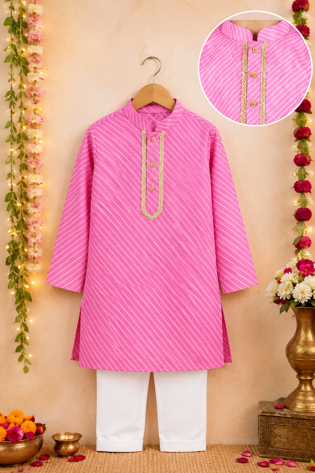 Pink Leheriya Kurta Pajama Set