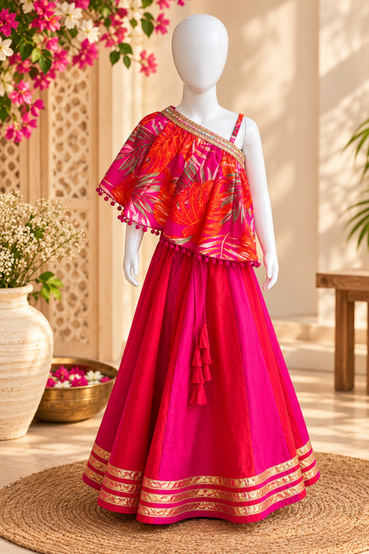 Tropical One-Shoulder Lehenga Set