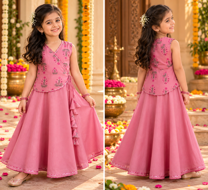 Pink Blossom Angrakha Lehenga Set for Girls