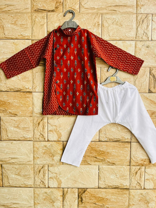 Boys Maroon Cotton Kurta with White Pajama
