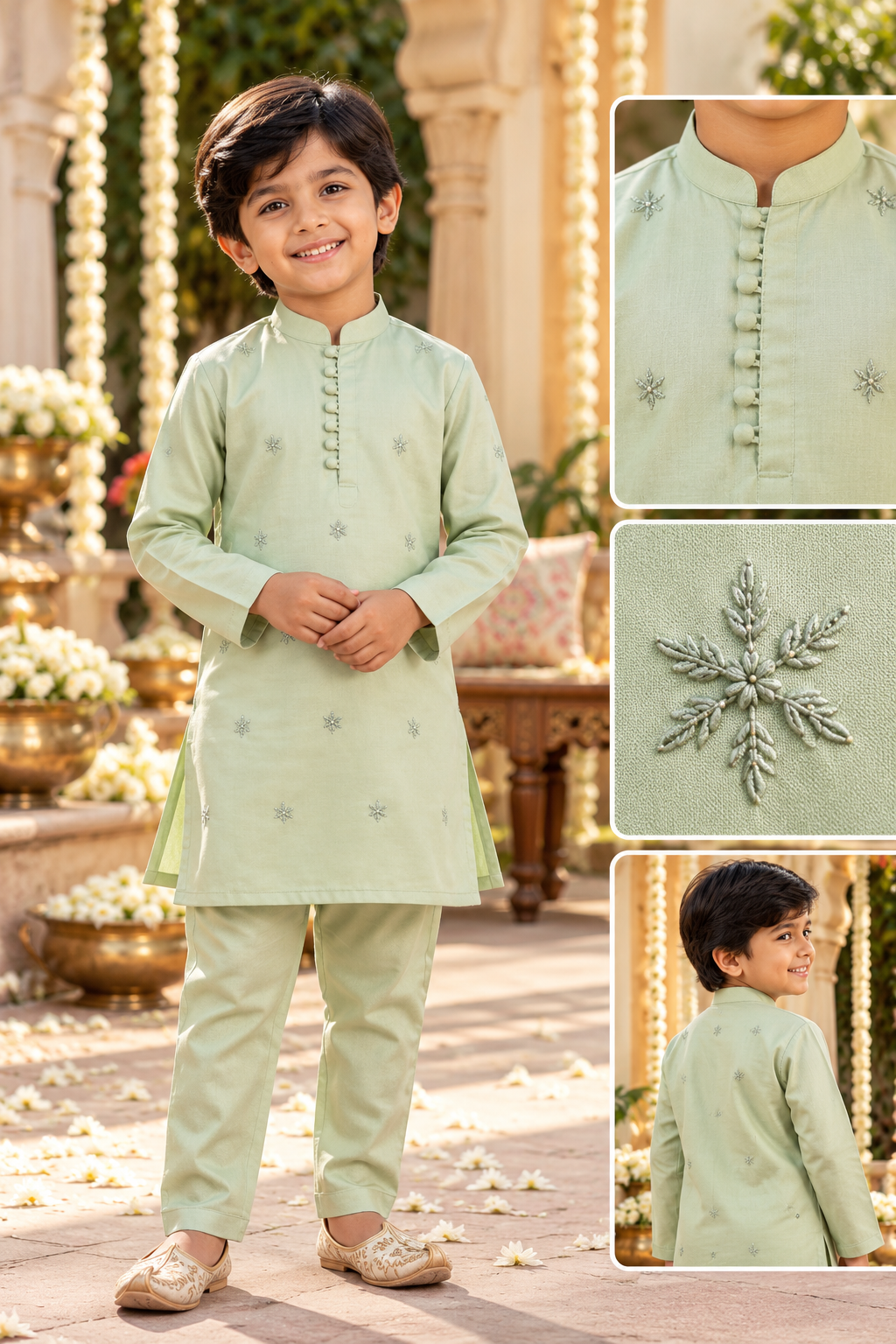 Pista Green Embroidered Cotton Satin Kurta Pajama Set for Boys