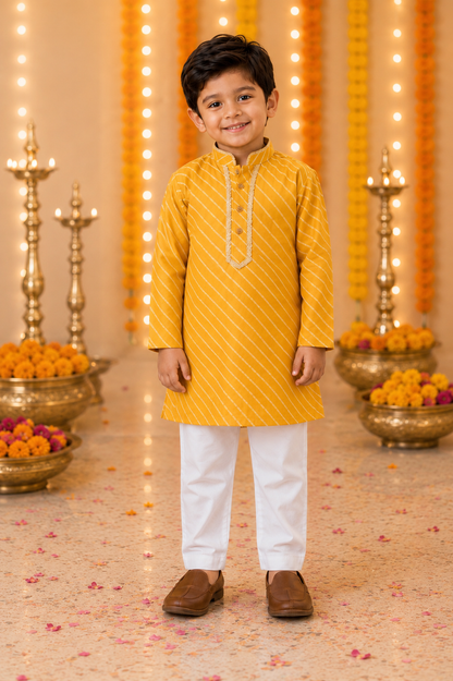 Yellow Leheriya Boys Kurta Pajama