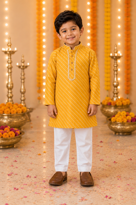 Yellow Leheriya Boys Kurta Pajama