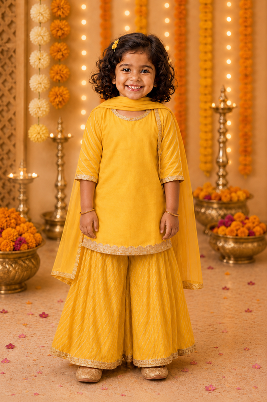 Yellow Leheriya Palazzo Suit Set for Girls